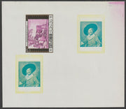 Oman 1972 Classic Paintings imperf proof #2 containing two partial impressions of 0.5b The Jolly Toper by Frans Hals plus a partial impression of 15b The Young Bull by Paulus Potter, most unusual