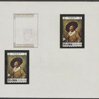 Oman 1972 Classic Paintings imperf proof #4 containing two partial impressions of 0.5b The Jolly Toper by Frans Hals plus a partial impression of 15b The Young Bull by Paulus Potter, most unusual