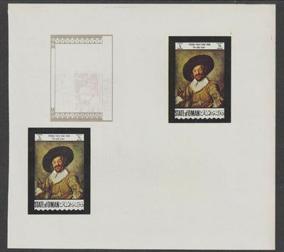 Oman 1972 Classic Paintings imperf proof #4 containing two partial impressions of 0.5b The Jolly Toper by Frans Hals plus a partial impression of 15b The Young Bull by Paulus Potter, most unusual