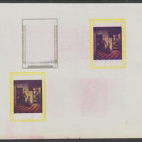 Oman 1972 Classic Paintings imperf proof #7 containing two partial impressions of 3b The Pantry by Pieter de Hooch plus a partial impression of 4b An Oriental by Rembrandt most unusual