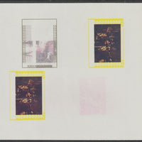 Oman 1972 Classic Paintings imperf proof #11 containing two partial impressions of 2r The Nightwatch by Rembrandt, plus a partial impression of 6b Jeremiah Lamenting the Destruction of Jerusalem by Rembrandtmost unusual