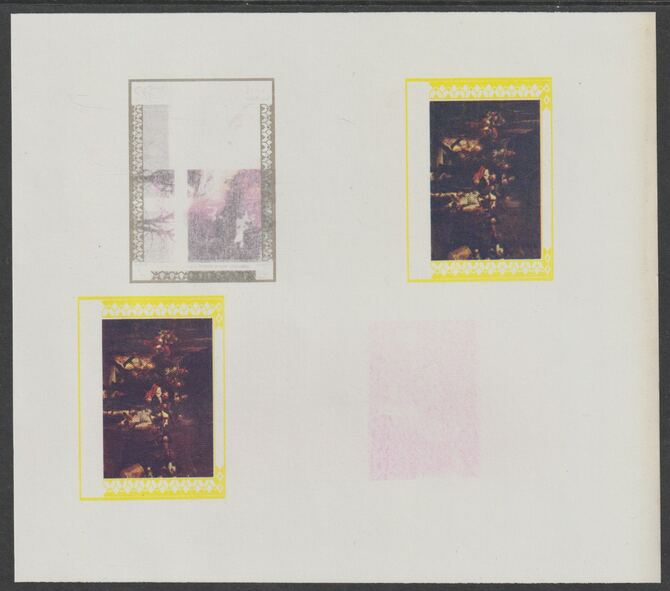 Oman 1972 Classic Paintings imperf proof #11 containing two partial impressions of 2r The Nightwatch by Rembrandt, plus a partial impression of 6b Jeremiah Lamenting the Destruction of Jerusalem by Rembrandtmost unusual
