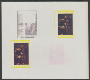 Oman 1972 Classic Paintings imperf proof #11 containing two partial impressions of 2r The Nightwatch by Rembrandt, plus a partial impression of 6b Jeremiah Lamenting the Destruction of Jerusalem by Rembrandtmost unusual