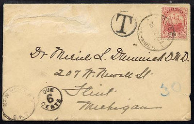 Bermuda 1927 underpaid cover to USA bearing Caravelle 1d with T in circle & 6 Cents Due marks
