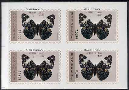 Honduras 1997 Butterflies m/sheet 20L+2L IMPERF block of 4 from uncut sheet, as SG MS1381. unmounted mint, rare thus