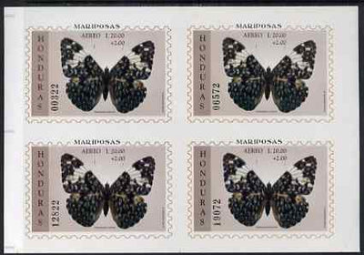 Honduras 1997 Butterflies m/sheet 20L+2L IMPERF block of 4 from uncut sheet, as SG MS1381. unmounted mint, rare thus