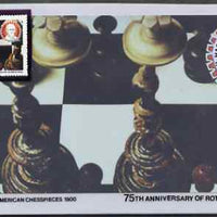 Staffa 1980 Chess Pieces (75th Anniversary of Rotary International) - original composite artwork for 22p value comprising photograph of main design (American Chesspieces), inset of Paul Harris, plus overlay with value and inscript……Details Below