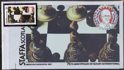 Staffa 1980 Chess Pieces (75th Anniversary of Rotary International) - original composite artwork for 22p value comprising photograph of main design (American Chesspieces), inset of Paul Harris, plus overlay with value and inscript……Details Below