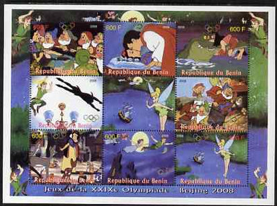 Benin 2008 Beijing Olympics - Disney's Snow White, Peter Pan etc perf sheetlet containing 8 values plus label unmounted mint. Note this item is privately produced and is offered purely on its thematic appeal