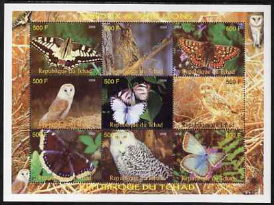 Chad 2008 Butterflies & Owls perf sheetlet containing 9 values unmounted mint