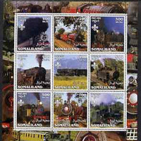 Somaliland 2002 Steam Trains #1 perf sheetlet containing set of 9 values each with Scout Logo unmounted mint