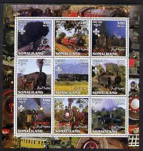Somaliland 2002 Steam Trains #1 perf sheetlet containing set of 9 values each with Scout Logo unmounted mint