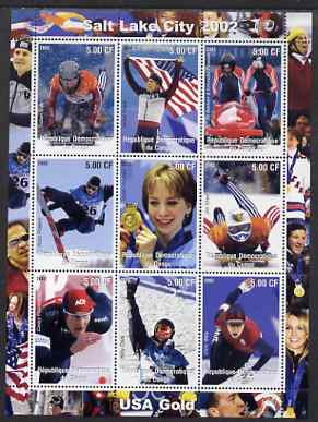 Congo 2002 Salt Lake City Olympics - USA Gold perf sheetlet containing 9 values unmounted mint. Note this item is privately produced and is offered purely on its thematic appeal