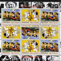 Angola 2000 Millennium 2000 - History of Animation #1 perf sheetlet containing 9 values (in tete-beche format) unmounted mint (Disney Characters with Elvis, Chaplin, Beatles, Gershwin, N Armstrong etc in margins)