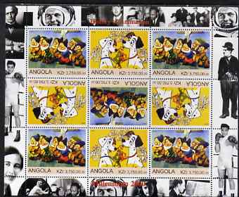 Angola 2000 Millennium 2000 - History of Animation #1 perf sheetlet containing 9 values (in tete-beche format) unmounted mint (Disney Characters with Elvis, Chaplin, Beatles, Gershwin, N Armstrong etc in margins)