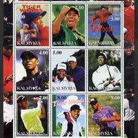 Kalmikia Republic 2001 Tiger Woods perf sheetlet containing 9 values unmounted mint