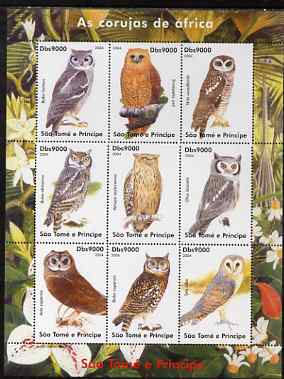 St Thomas & Prince Islands 2004 Owls perf sheetlet containing set of 9 values unmounted mint