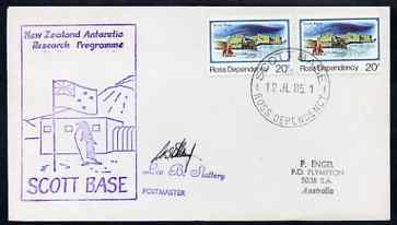 Ross Dependency 1985 cover with Scott Base cancel & New Zealand Antarctic Research Programme, Scott Base cachet showing a Penguin in violet, signed by Leo Slattery, Postmaster