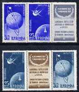 Rumania 1957 Launching of Artificial Satellite perf set of 4 (two se-tenant strips of 3 each with label) unmounted mint, SG 2543a & 2545a