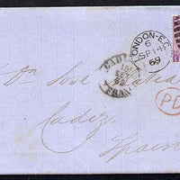 Great Britain 1869 entire to Spain bearing 6d SG109 plate 8 with fine London Duplex