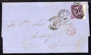 Great Britain 1869 entire to Spain bearing 6d SG109 plate 8 with fine London Duplex