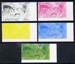 Lesotho 1983 Hunters attacking Reedbuck (Rock Paintings) 60s value the set of 5 imperf progressive proofs comprising the 4 individual colours plus blue & Yellow composite, unmounted mint and extremely rare, as SG 542