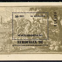 Hungary 1992 'Europhilex 92' m/sheet (Engraving) pale olive-brown shade, Mi BL 221(1)