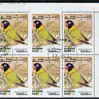 Afghanistan 1999 Love Birds (Agapornis personata) fine corner block of 6, centre two stamps imperf on three sides due to perf jump, fine cto used