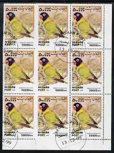 Afghanistan 1999 Love Birds (Agapornis personata) fine corner block of 9, centre three stamps imperf on three sides due to perf jump, fine cto used