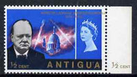 Antigua 1966 Churchill Commem 1/2c marginal single from right of sheet with superb 15mm shift of gold resulting in value at left & country name at right (plus the top inscription also shifted to right) with additional value in mar……Details Below