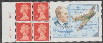 Great Britain 1995 Booklet pane with 4 x 1st class stamps plus label commemorating R J Mitchell (designer of Spitfire) SG HB9