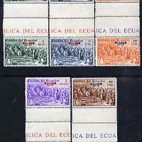 Ecuador 1939 the unissued rectangular Columbus set of 5 values opt'd '1939' in inter-paneau vertical gutter pairs, unmounted but slight signs of ageing on gum
