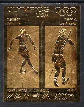 Zambia 1984 Los Angeles Olympic Games 90n imperf embossed in 22k gold foil showing Figure Skating & Javelin unmounted mint