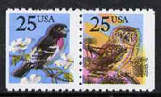 United States 1988 Birds (25c Grosbeak & 25c Owl) se-tenant pair ex booklet,with superb colour shift of red & blue resulting in double birds, unmounted mint as SG 2354-5