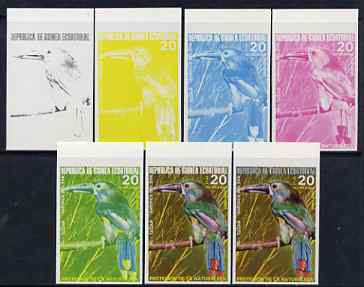 Equatorial Guinea 1974 South American Birds 20P Toucan, the set of 7 imperf progressive proofs comprising the 4 individual colours, plus 2, 3 and all 4-colour composites, superb unmounted mint, Mi 493
