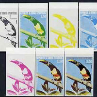Equatorial Guinea 1974 South American Birds 1P50 Toucan, the set of 7 imperf progressive proofs comprising the 4 individual colours, plus 2, 3 and all 4-colour composites, superb unmounted mint, Mi 484