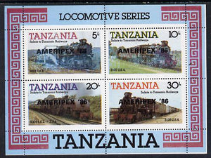 Tanzania 1986 Railways m/sheet (as SG MS 434) overprinted 'AMERIPEX '86' in black unmounted mint
