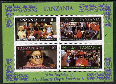 Tanzania 1987 Queen's 60th Birthday perf m/sheet opt'd SPECIMEN (as SG MS 521) unmounted mint