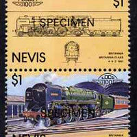 Nevis 1983 Locomotives #1 (Leaders of the World) Britannia $1 perf se-tenant pair overprinted SPECIMEN, unmounted mint as SG 144a