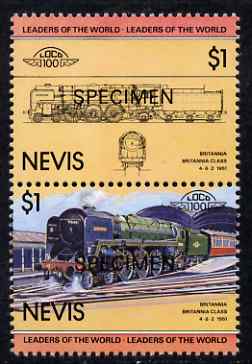 Nevis 1983 Locomotives #1 (Leaders of the World) Britannia $1 perf se-tenant pair overprinted SPECIMEN, unmounted mint as SG 144a