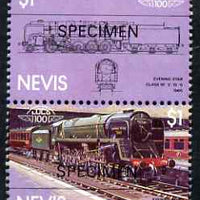 Nevis 1983 Locomotives #1 (Leaders of the World) Evening Star $1 perf se-tenant pair overprinted SPECIMEN, unmounted mint as SG 134a