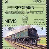 Nevis 1983 Locomotives #1 (Leaders of the World) Winston Churchill $1 perf se-tenant pair overprinted SPECIMEN, unmounted mint as SG 140a