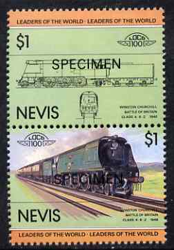 Nevis 1983 Locomotives #1 (Leaders of the World) Winston Churchill $1 perf se-tenant pair overprinted SPECIMEN, unmounted mint as SG 140a