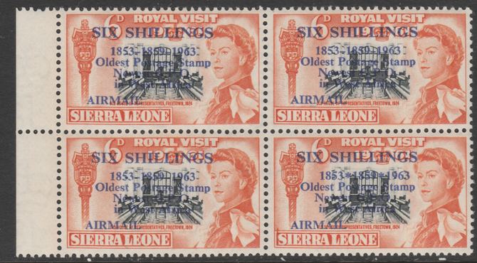 Sierra Leone 1963 Postal Commemoration 6s on 6d (House of Representatives) marginal block of 4, one stamp with 'asterisks' variety, unmounted mint SG 283b