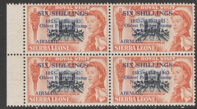 Sierra Leone 1963 Postal Commemoration 6s on 6d (House of Representatives) marginal block of 4, one stamp with 'asterisks' variety, unmounted mint SG 283b