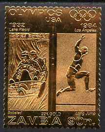 Zambia 1984 Los Angeles Olympic Games 90n perf embossed in 22k gold foil showing Bobsled & Long Jump unmounted mint