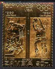 Zambia 1984 Los Angeles Olympic Games 90n perf embossed in 22k gold foil showing Ice Hockey & Basketball unmounted mint
