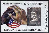 Sharjah 1972 (?) Kennedy 6r m/sheet with main design embossed in silver unmounted mint