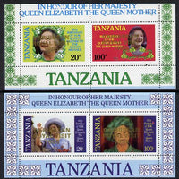 Tanzania 1985 Life & Times of HM Queen Mother perf proof set of 2 m/sheets each with 'Caribbean Royal Visit 1985' opt in gold (unissued) unmounted mint