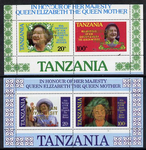 Tanzania 1985 Life & Times of HM Queen Mother perf proof set of 2 m/sheets each with 'Caribbean Royal Visit 1985' opt in gold (unissued) unmounted mint